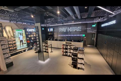 Interior of Footasylum store, Lakeside Shopping Centre, showing payment counters